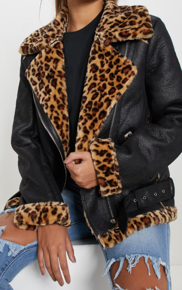 Jaket Aviator dengan Motif Leopard Print